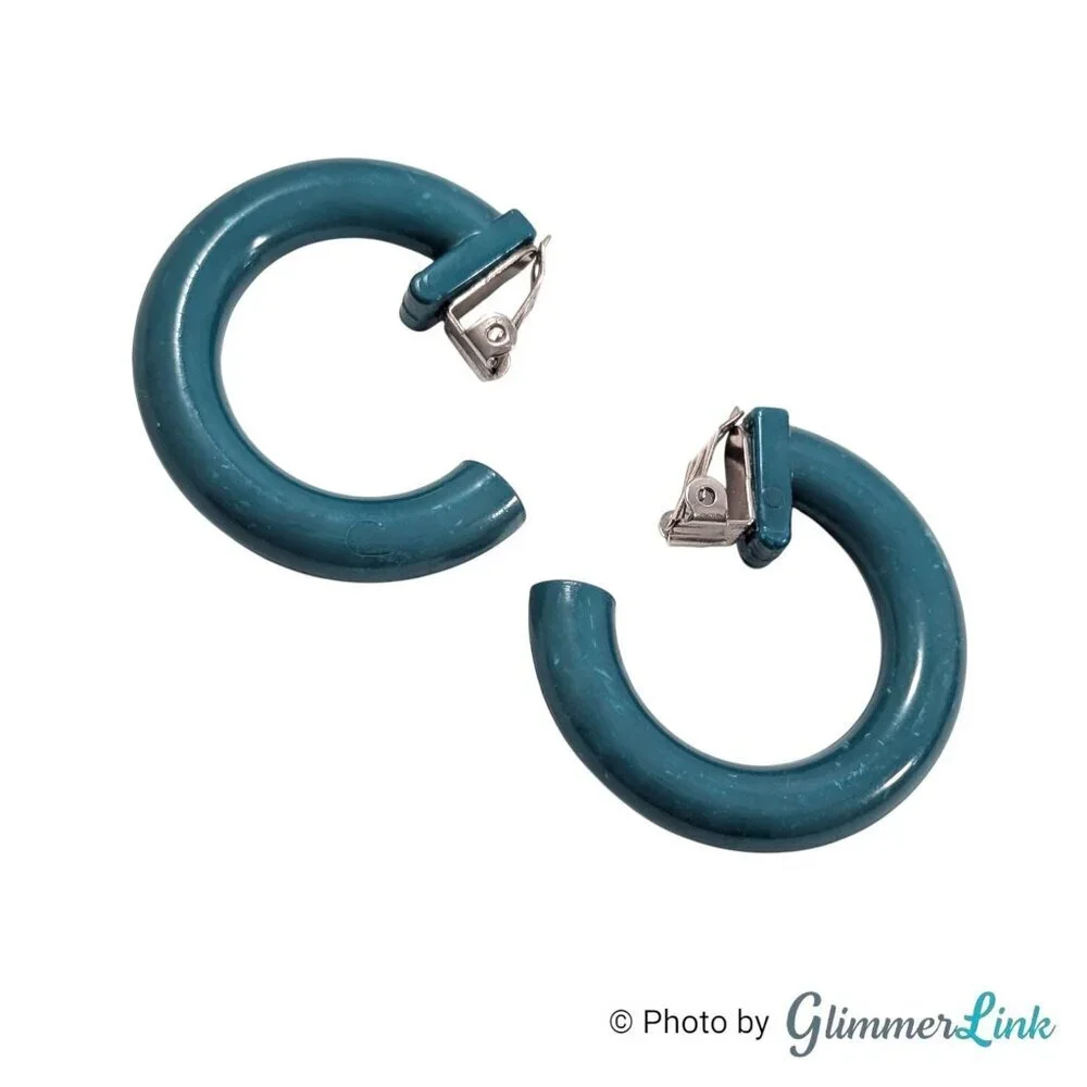 Vintage Dark Teal Plastic Hoop Clip On Earrings